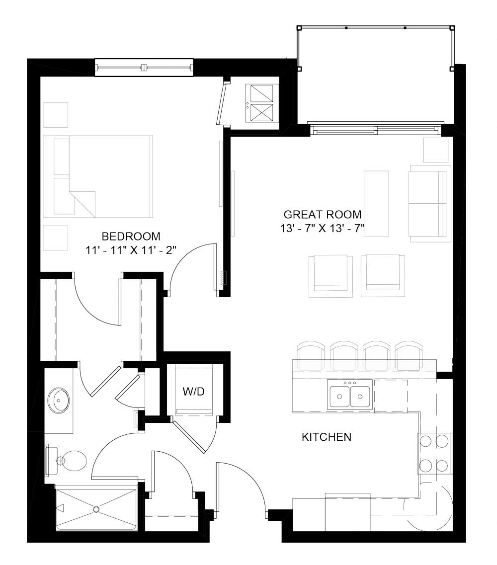 Floor plan for 1 bed, 1 bath, 707 sqft